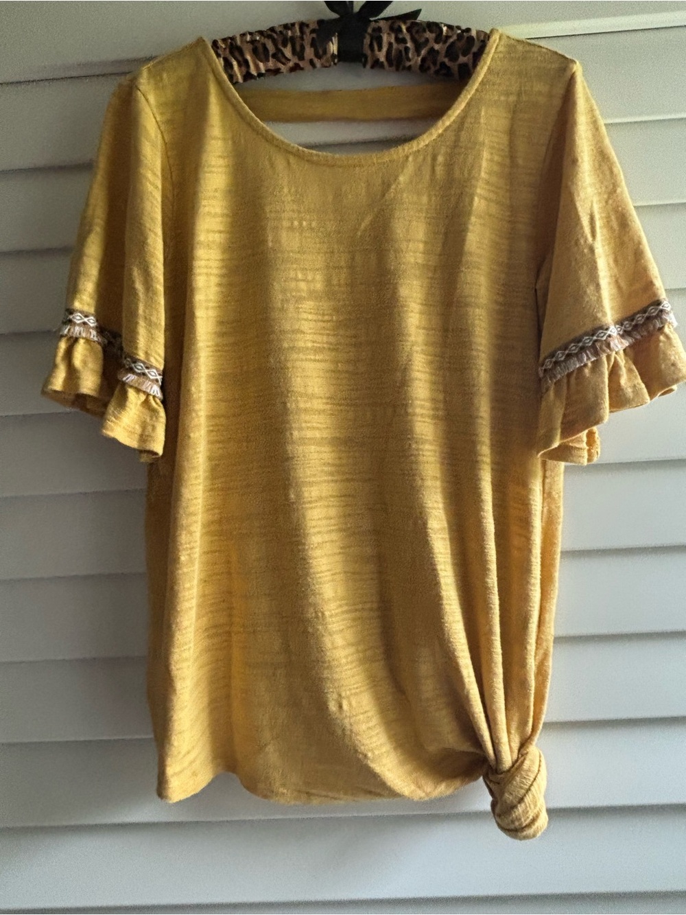 Women's Mustard Short Sleeve Knot Hem Tee with Ruffle Trim